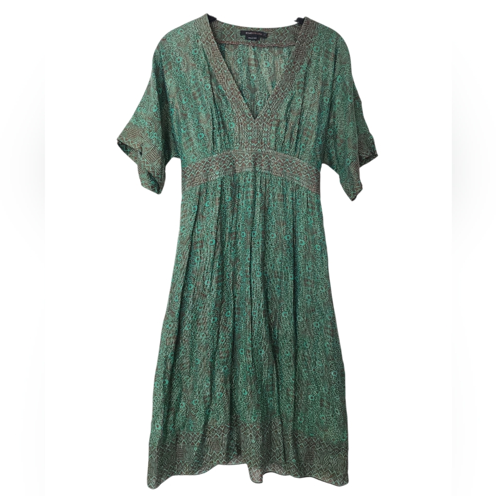 BCBGMAXAZRIA short sleeve midi dress, green/brown/gold, size M
